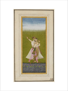 Standing lovers embracing by a lotus pool