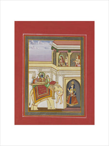 Scene from Ramayana. Rama on an elephant, Sita with two women in a balcony above
