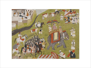 Procession of a Raja on elephant with armed escort and retainers