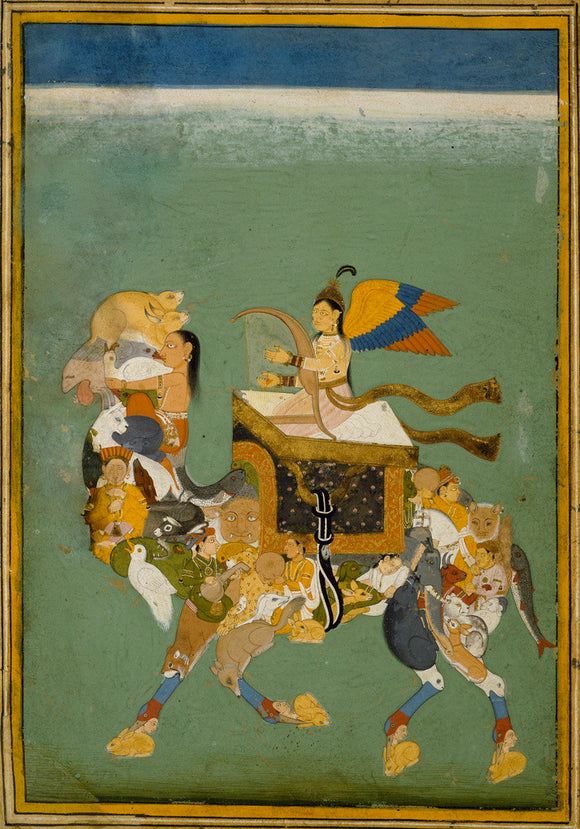 A peri with yellow, blue and orange wings plays a harp and rides a camel composed of men, women and diverse animals