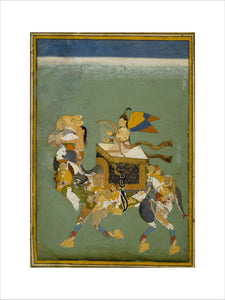 A peri with yellow, blue and orange wings plays a harp and rides a camel composed of men, women and diverse animals