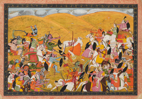 Battle scene between armies of devas and asuras, in a hill landscape