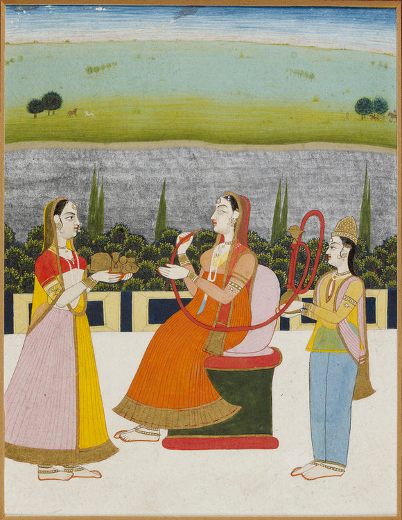 A lady seated smoking on a terrace, with two attendants