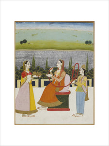 A lady seated smoking on a terrace, with two attendants