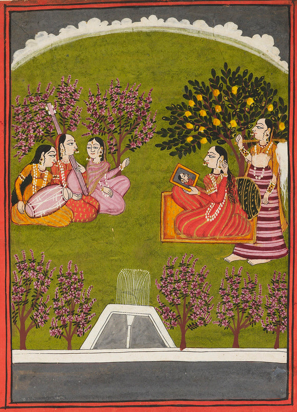 Lady seated with mirror in a garden, with maid and 3 musicians