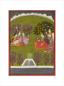 Lady seated with mirror in a garden, with maid and 3 musicians