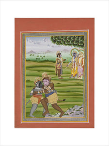 Scene from Ramayana. Two monkey figures embrace or wrestle in the foreground