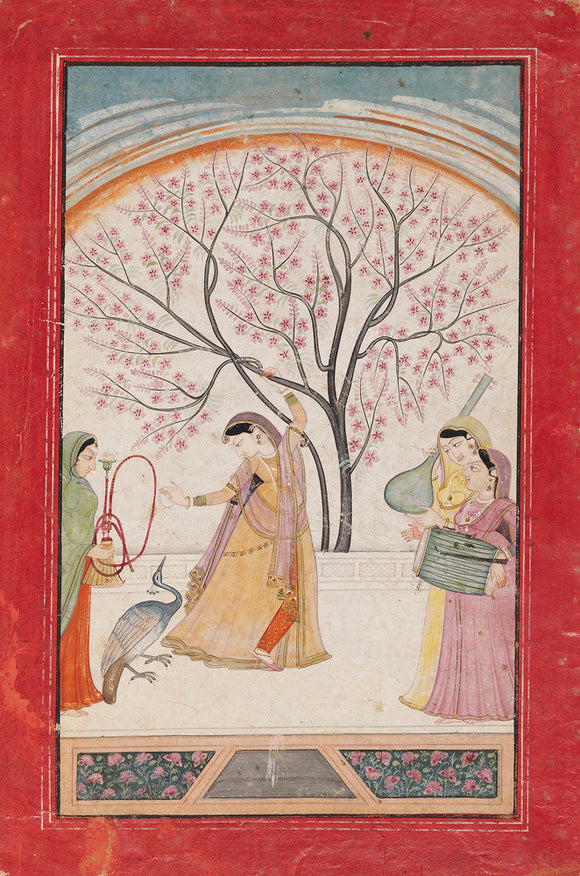 Lady on terrace grasping tree branch, with peacock, maid & two musicians