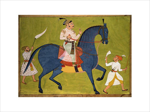 Maharaja Pratap Singh of Sawar riding, with two attendants on foot