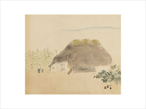 Woman and child outside thatched house