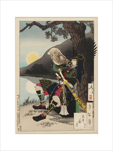 Hideyoshi blowing a conch trumpet.