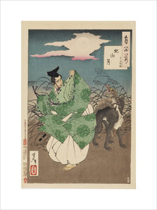 Man on a moor bayed at by two wolves.