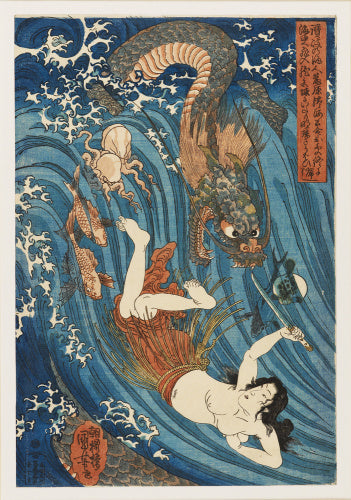 The fisher girl with the sacred jewel chased by the dragon.