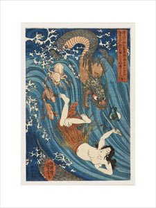 The fisher girl with the sacred jewel chased by the dragon.