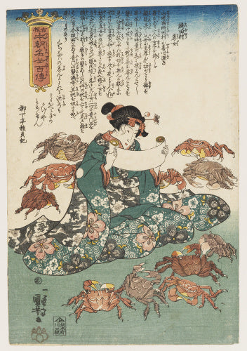 Heroine reading surrounded by crabs.