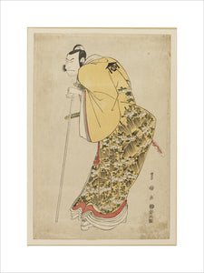 Nakamura Nakazo II (Masatsuya) leaning on a long white staff. Kudo Soketsune.