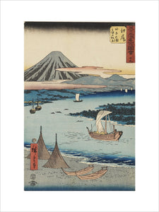 Ejiri- a bend of the Okitsu River with jink in full sail  & Fuji behind among clouds.