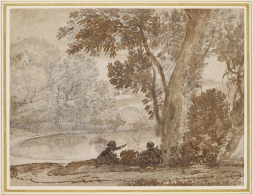 Two Figures, One with a Fishing Rod, Seated by a Tree
