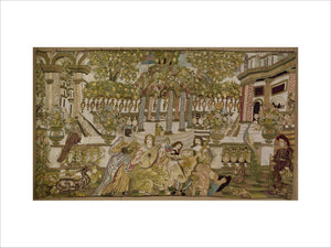Needlework wall hanging of musical party in an exotic setting, 17th century (1601 - 1700)