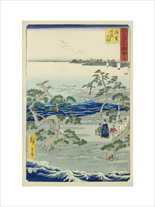 Hamamatsu. A nobleman & attendants viewing old pines on the sea-shore