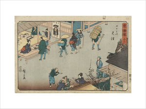 Woodblock print - Otsu. Street scene with sellers of Otsu-e, & importunate inn-keepers.