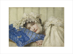 Girl in a Bonnet with her Head on a Blue Pillow