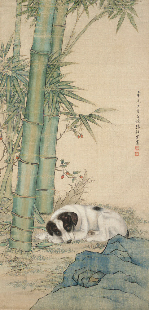Dog beneath bamboo