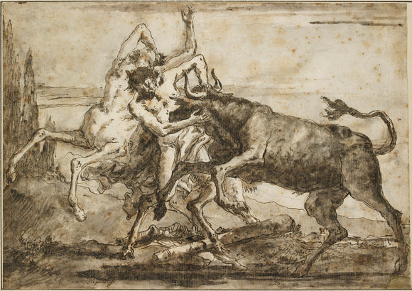 A Bull attacking a Satyr and a Centaur