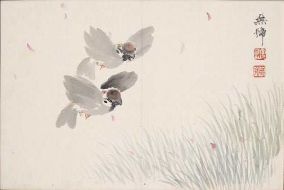 Two sparrows flying over a field