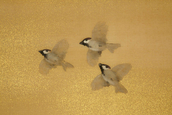 One of Japanese two fold painted and embroidered screens depicting a group of sparrows (detail)