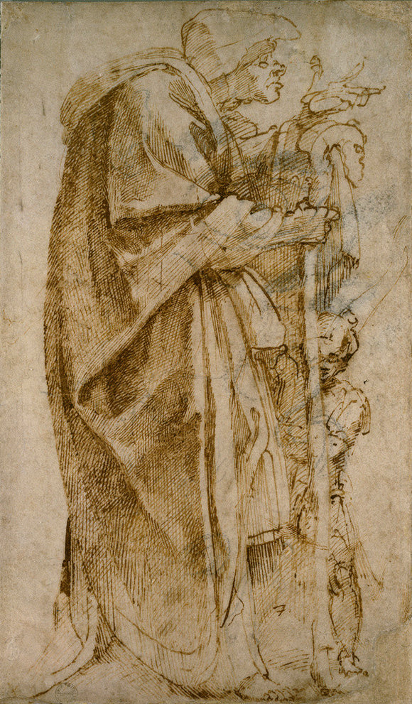 An old Woman resembling a Witch with a Boy standing beside her