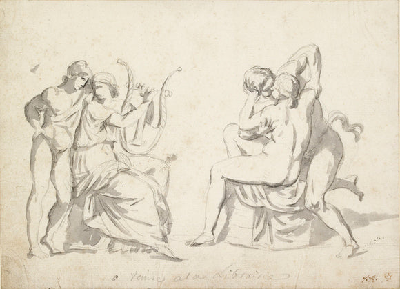 Youth standing by a woman playing a lyre and a separate study of an embracing couple (after the Antique)
