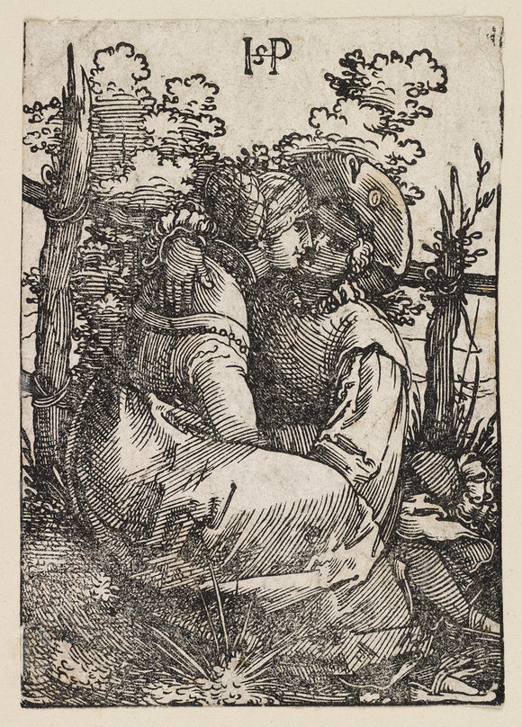 Couple of lovers seated before a fence